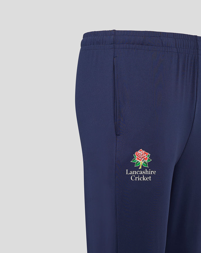 Navy Lancashire Cricket pants close up of a side pocket with embroidered rose crest