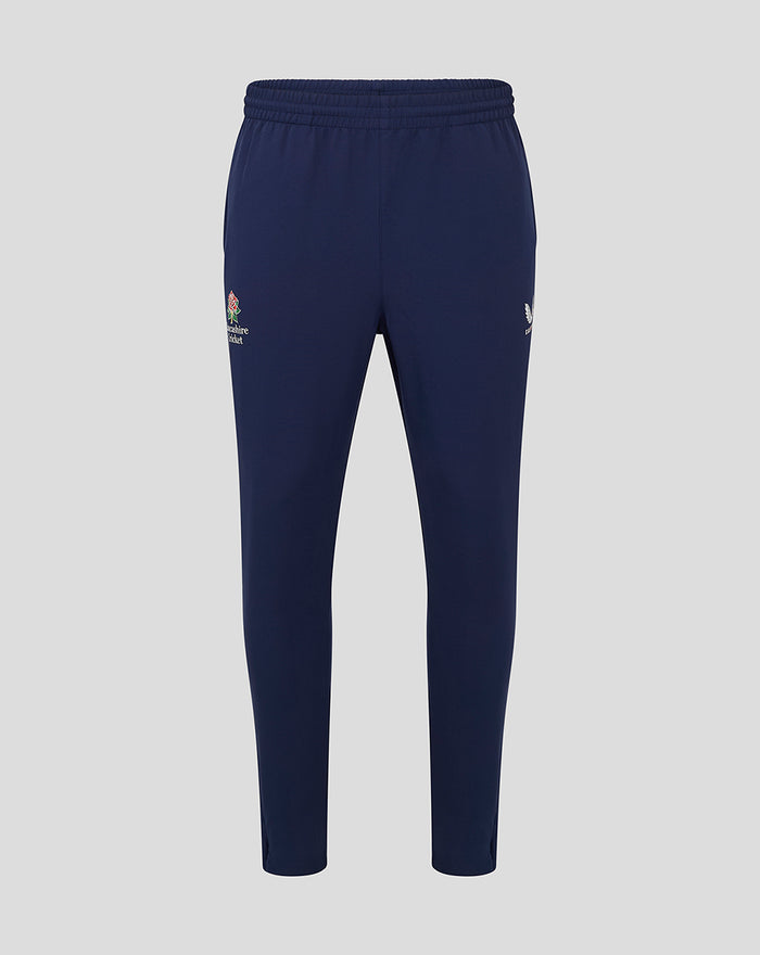 Dark blue men's Lancashire Track Pant with elastic waistband and small Lancashire Cricket logo on the thigh