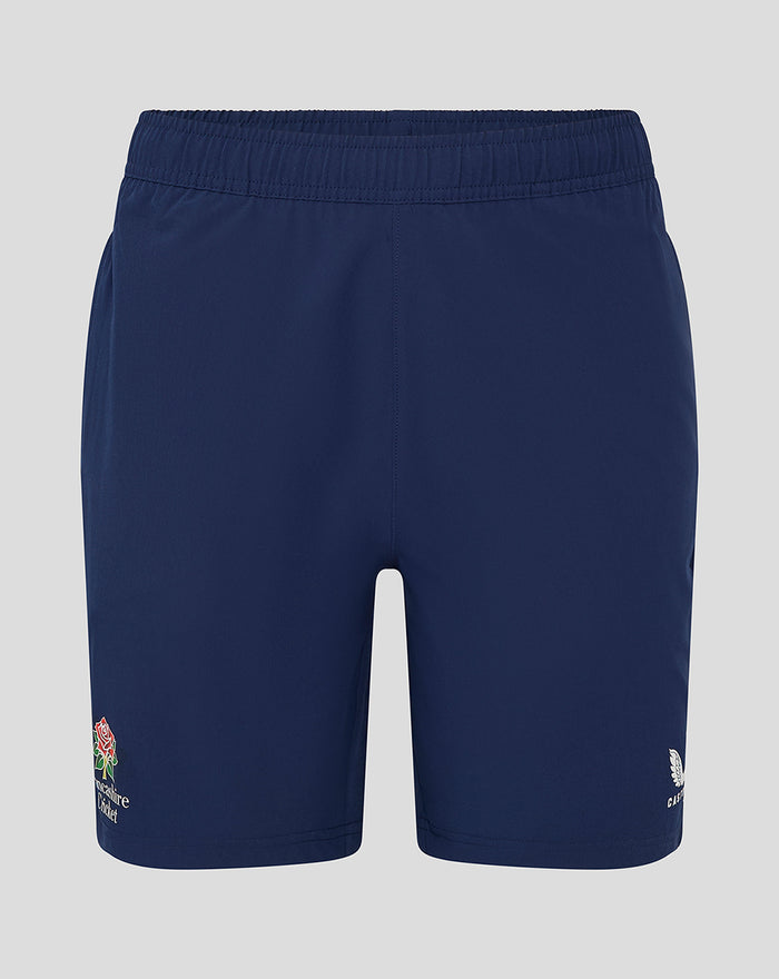 Navy Lancashire woven training shorts with zip pockets and crest on the left leg