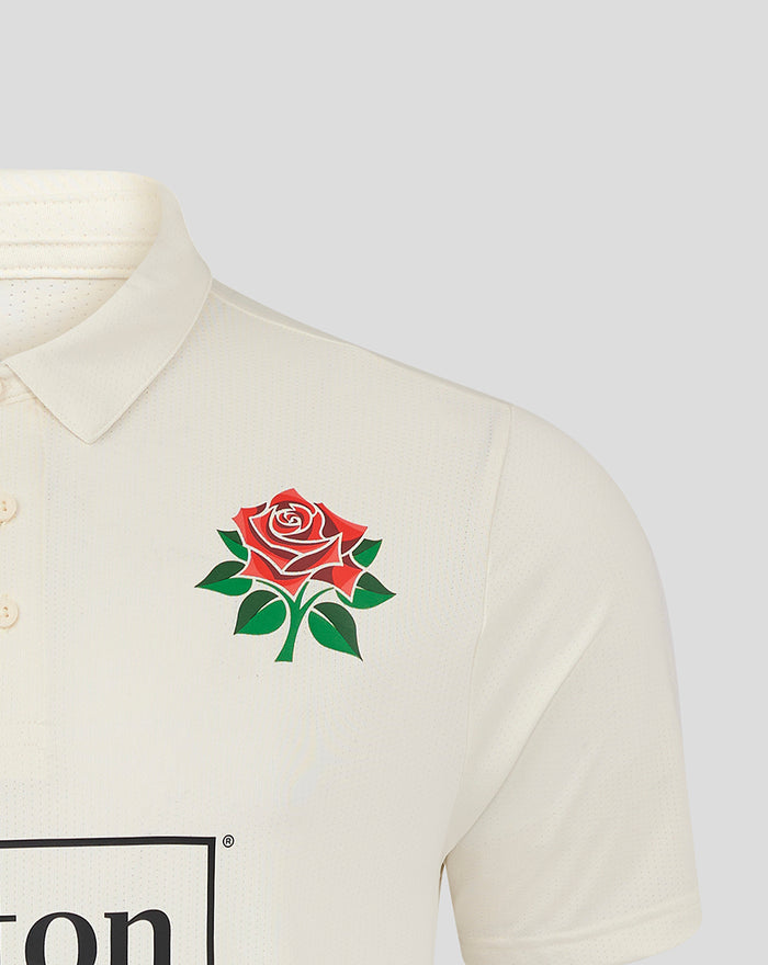 Cream Lancashire County Championship short sleeve polo with red rose crest on left chest