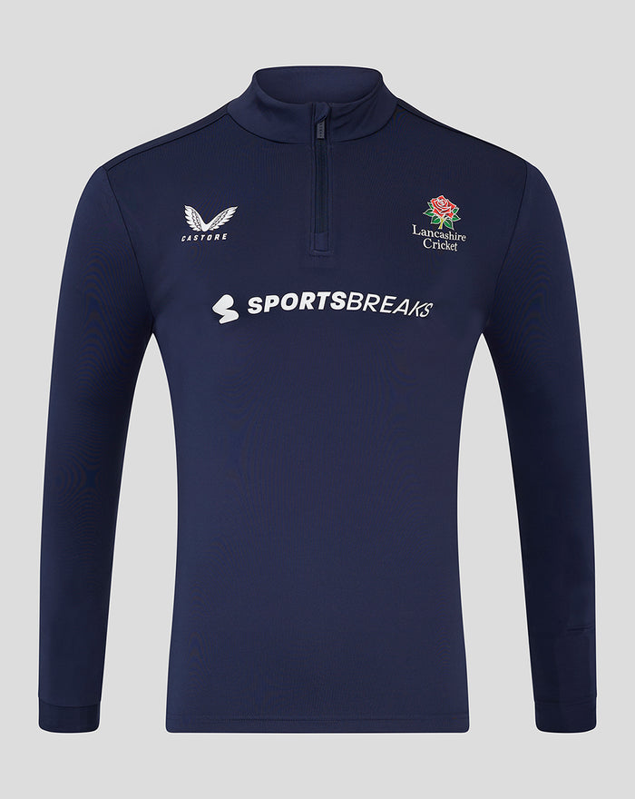 Navy Lancashire quarter zip training top with team crest and Sportsbreaks sponsor logo on the chest