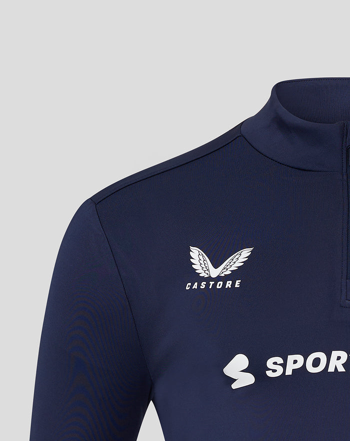 Close up of navy men's Lancashire quarter zip showing Castore logo on chest