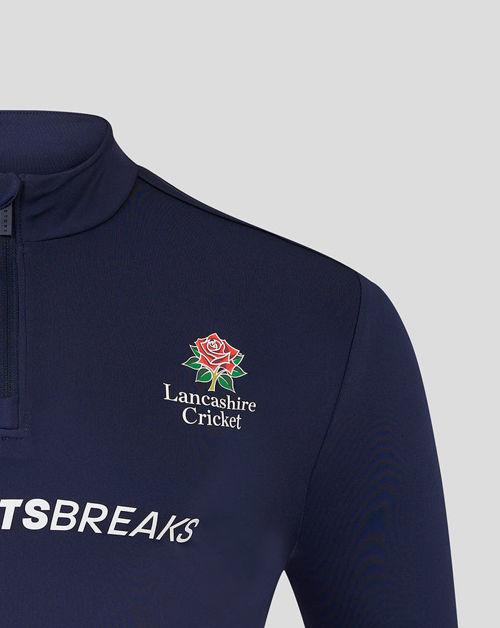 Lancashire Cricket crest on navy quarter zip with Sportsbreaks sponsor text across front