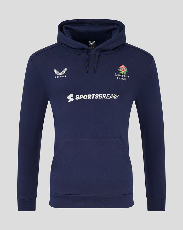 Navy Lancashire Cricket hoodie with rose crest on chest and Sportsbreaks sponsor logo across front