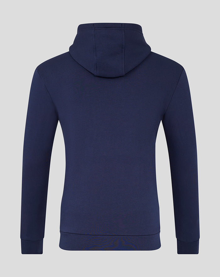 Back view of navy Lancashire Cotton Hoodie with hood and plain rear panel