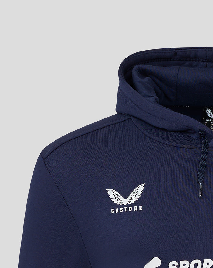 Navy hoodie close up showing Castore wing logo on chest and drawstring hood