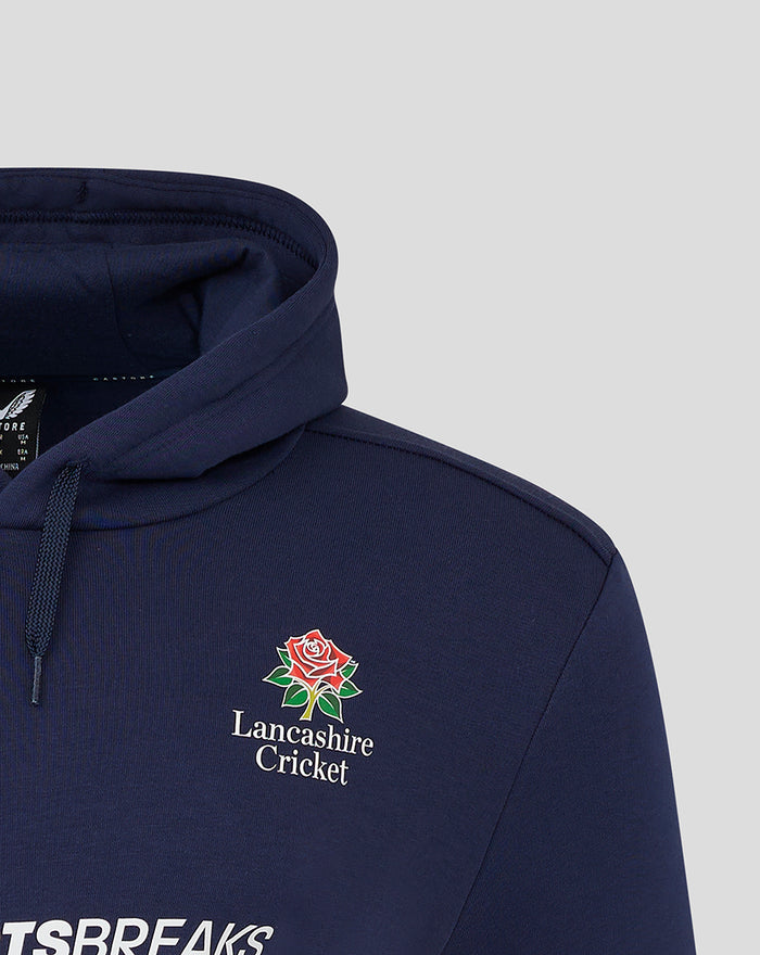 Navy Lancashire Cricket hoodie close up of chest with Crest Lancashire Cricket logo and hood