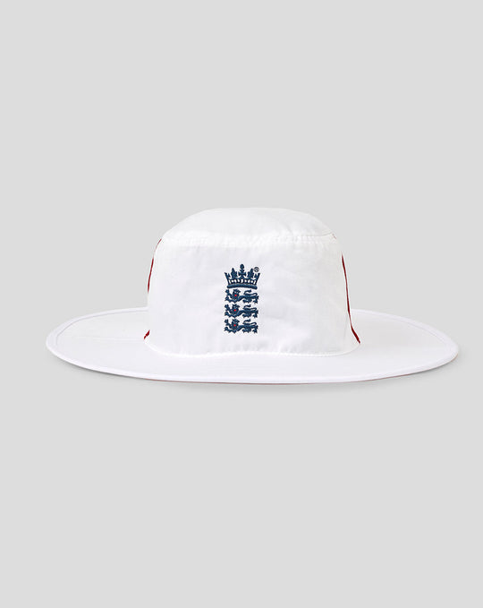 White wide brim hat with blue England Cricket crest on the front