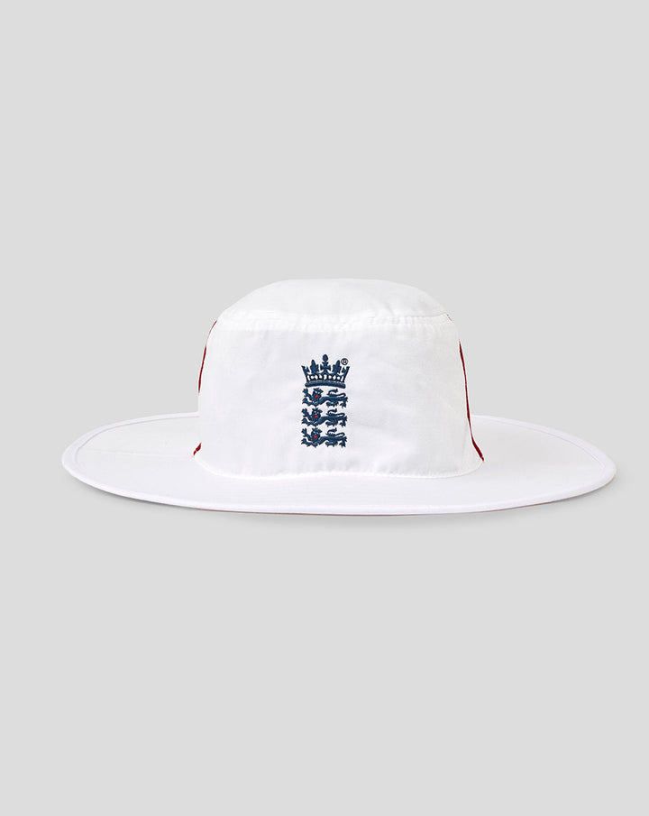 White wide brim hat with blue England Cricket crest on the front