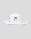 White wide brim hat with blue England Cricket crest on the front