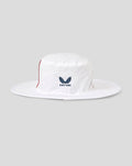 White wide brim cricket hat with England crest and red piping along the side
