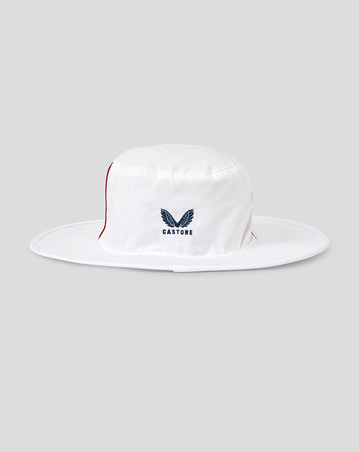 White wide brim cricket hat with England crest and red piping along the side