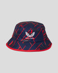 Peacoat blue bucket hat with red abstract print and Castore logo on front
